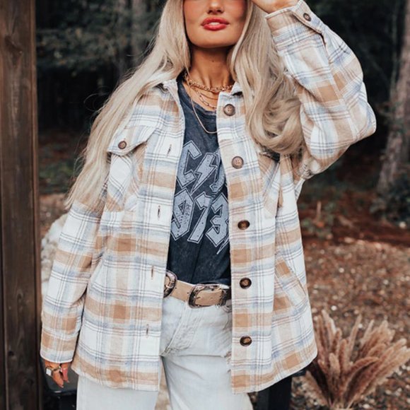 Online Impressions Boutique Jackets & Blazers - Plaid Jacket In Iced Latte (White Tan Blue) Size Small S